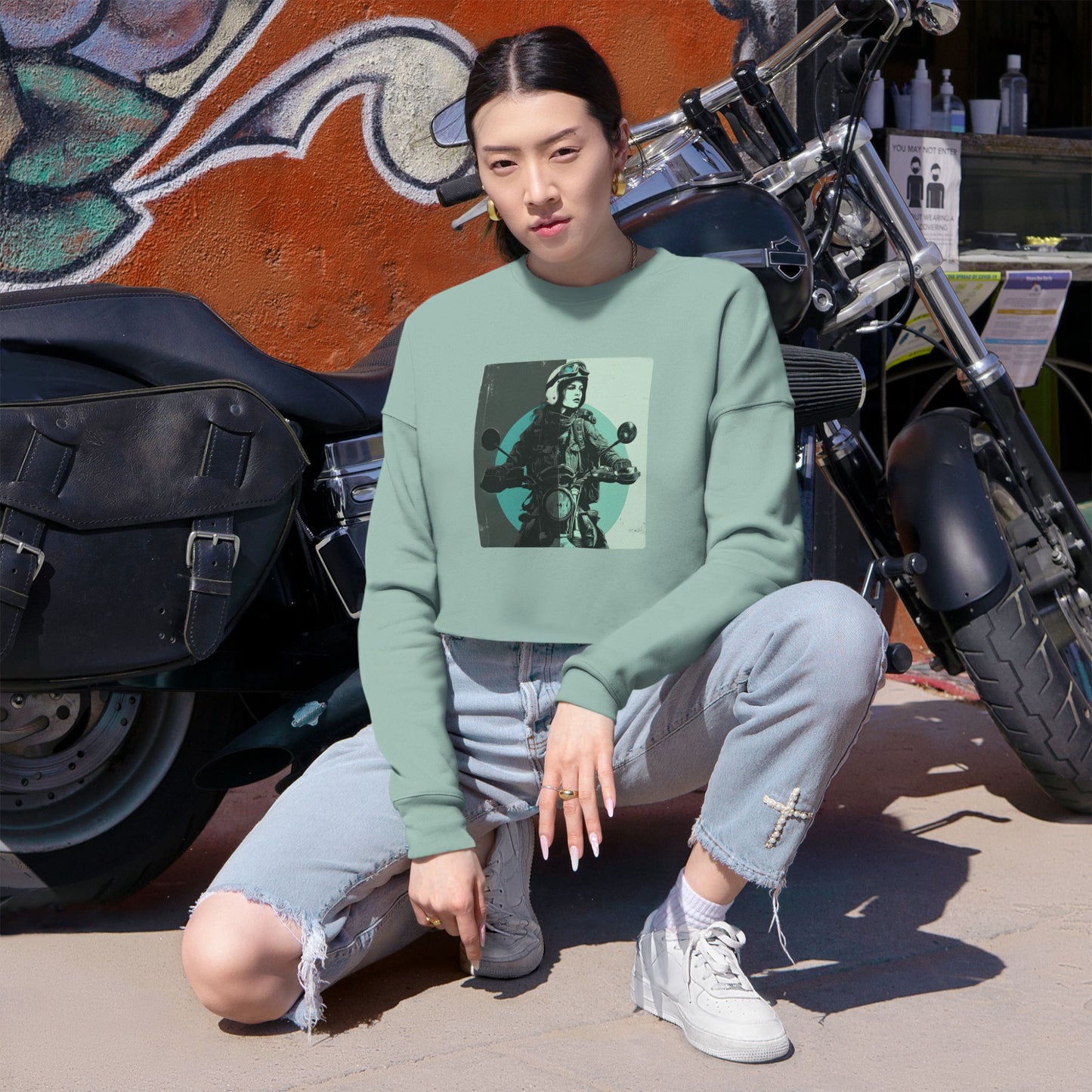 Women’s Motorcycle Cropped Sweatshirt in Sage Green| Vintage Rider Graphic