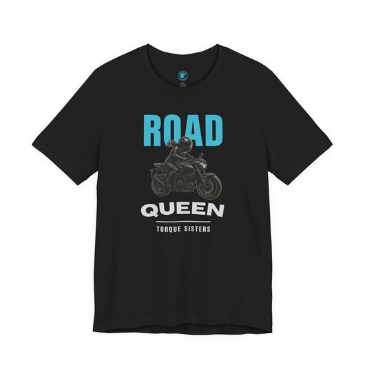 Black t-shirt with 'Road Queen' graphic and text on a white background
