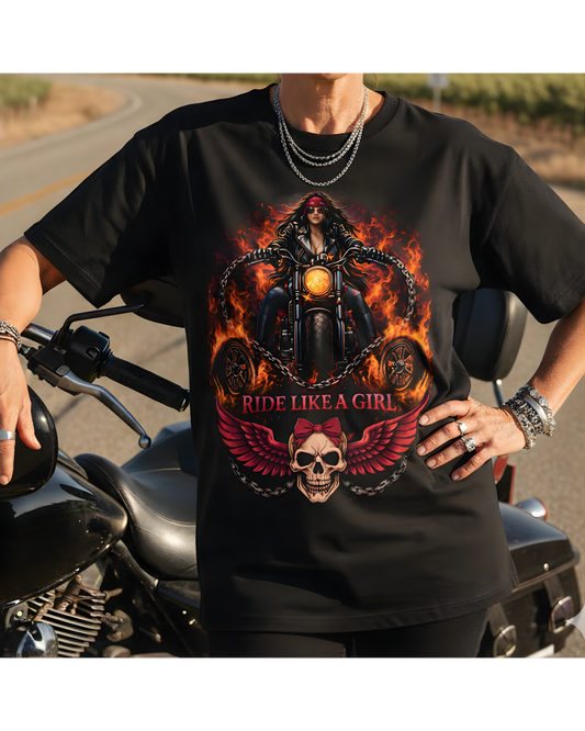 RIDE LIKE A GIRL Flame Rider Graphic Women’s Motorcycle T-Shirt | Black