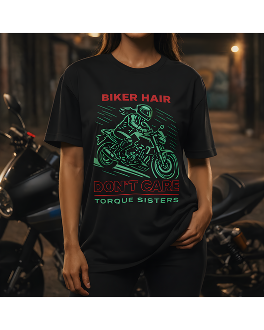 BIKER HAIR DON’T CARE Graphic Women’s Motorcycle T-Shirt | Black & Mint