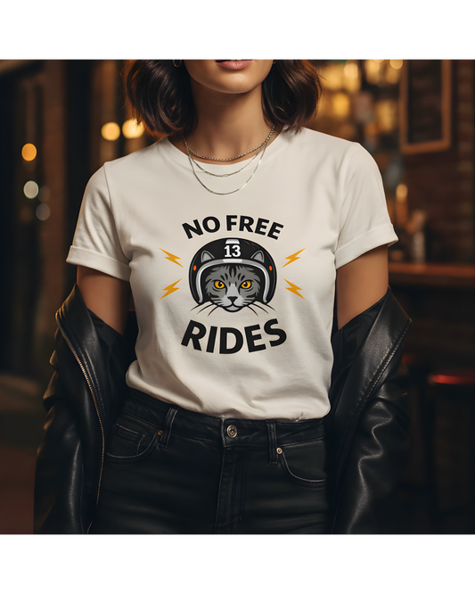 NO FREE RIDES Cat Helmet Graphic Women’s Motorcycle T-Shirt | Natural
