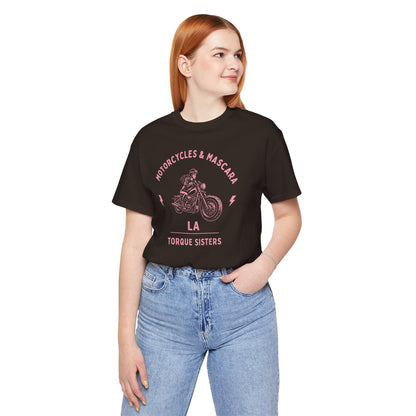 MOTORCYCLES & MASCARA LA Women’s Motorcycle T-Shirt | Dark Brown & Pink
