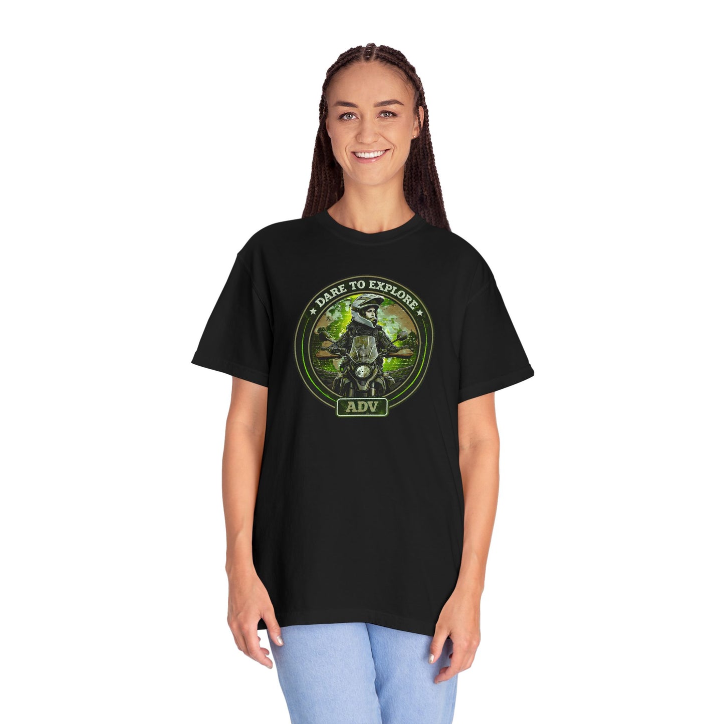 DARE TO EXPLORE ADV Women’s Motorcycle T-Shirt | Black & Green