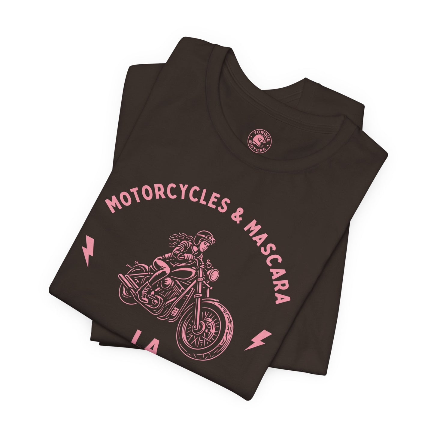 MOTORCYCLES & MASCARA LA Women’s Motorcycle T-Shirt | Dark Brown & Pink