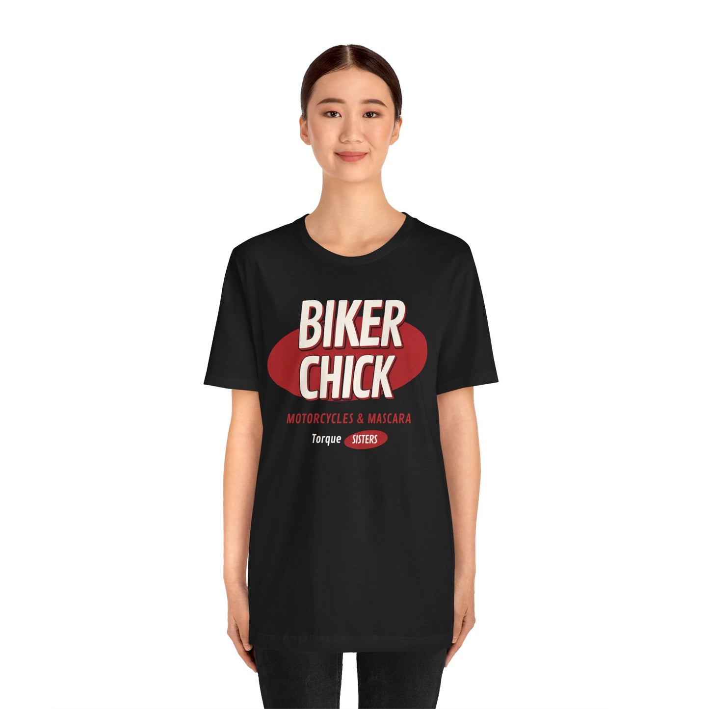 BIKER CHICK Motorcycles & Mascara Women’s Motorcycle T-Shirt | Black