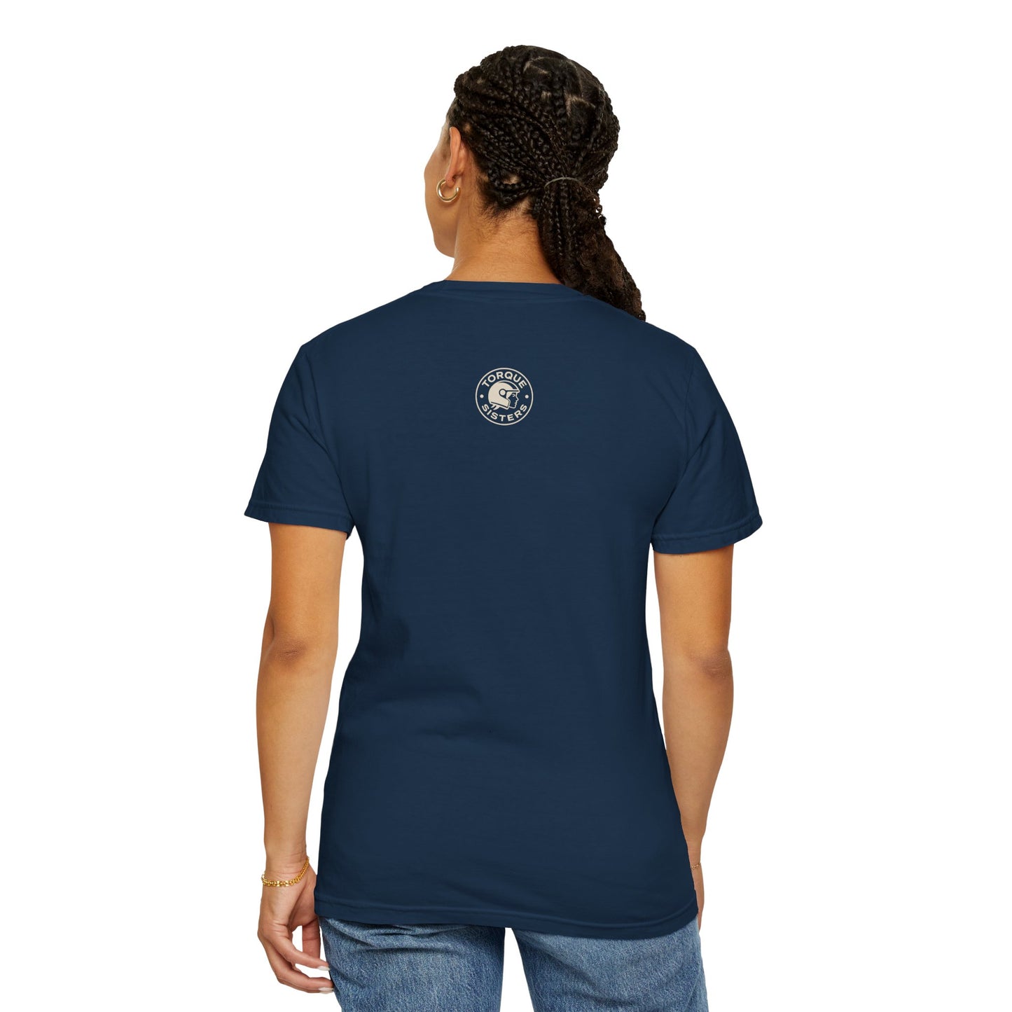 BIKER MOM Chest Badge Graphic Women’s Motorcycle T-Shirt | Navy & Cream