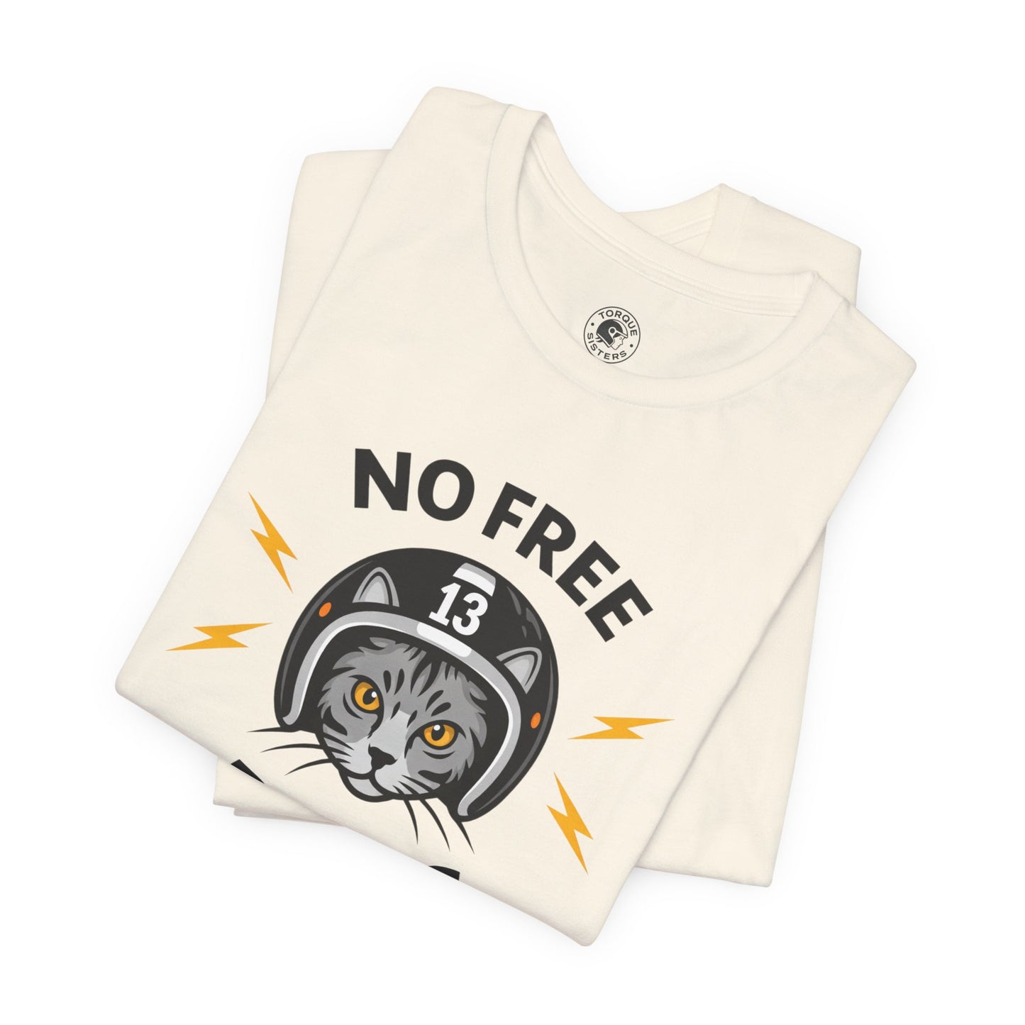 NO FREE RIDES Cat Helmet Graphic Women’s Motorcycle T-Shirt | Natural
