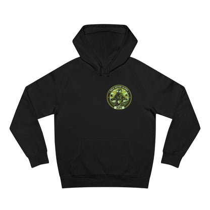 Black hoodie with a green logo on a white background