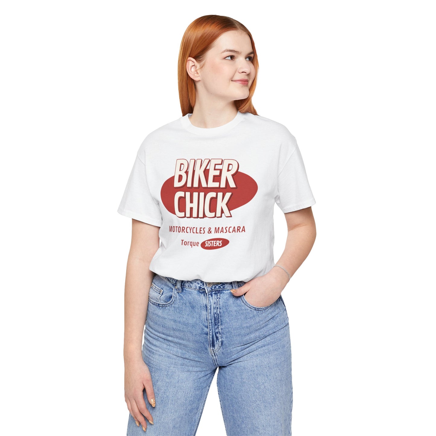 BIKER CHICK Motorcycles & Mascara Women’s Motorcycle T-Shirt | White
