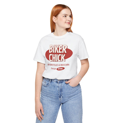 BIKER CHICK Motorcycles & Mascara Women’s Motorcycle T-Shirt | White
