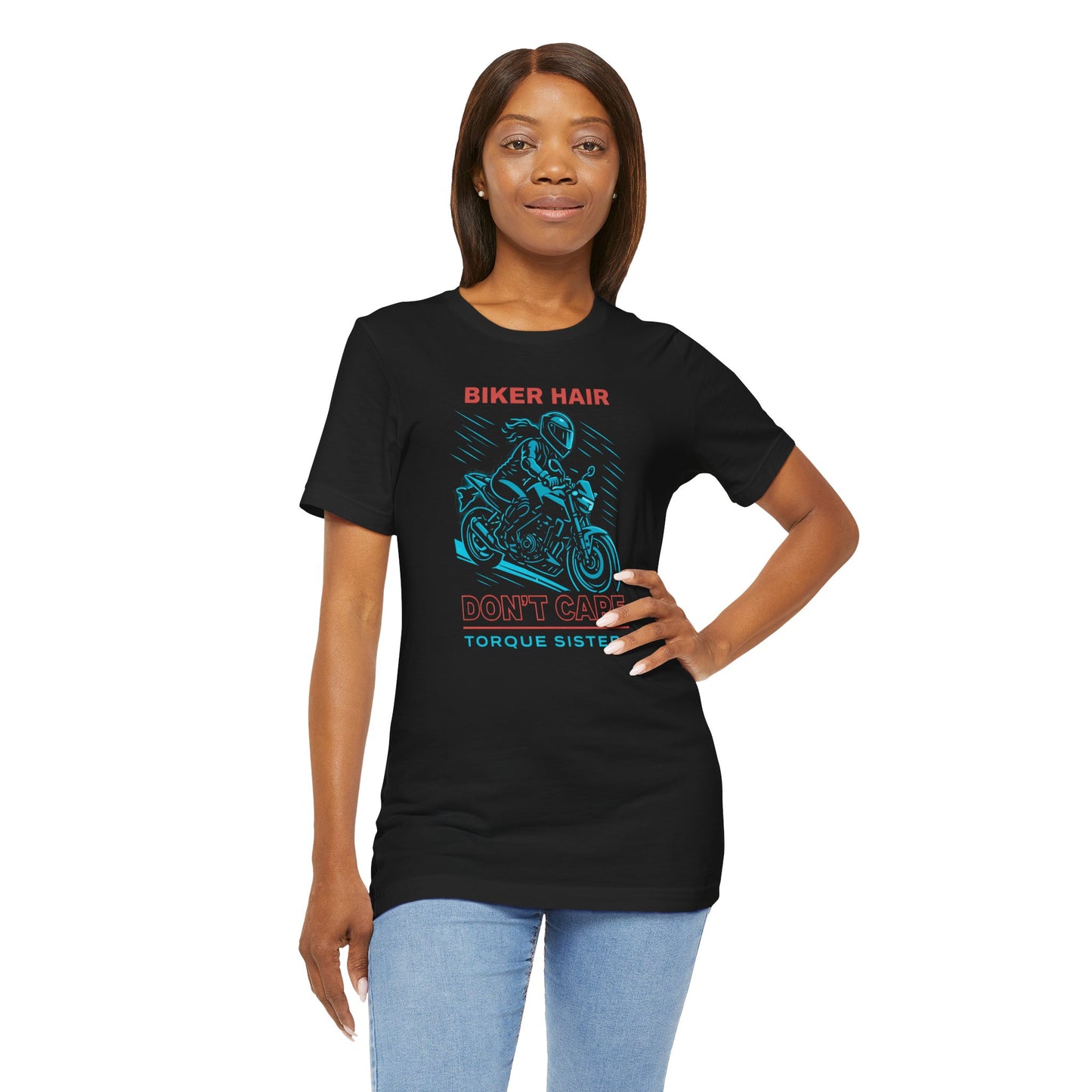 BIKER HAIR DON’T CARE Graphic Women’s Motorcycle T-Shirt | Black & Teal