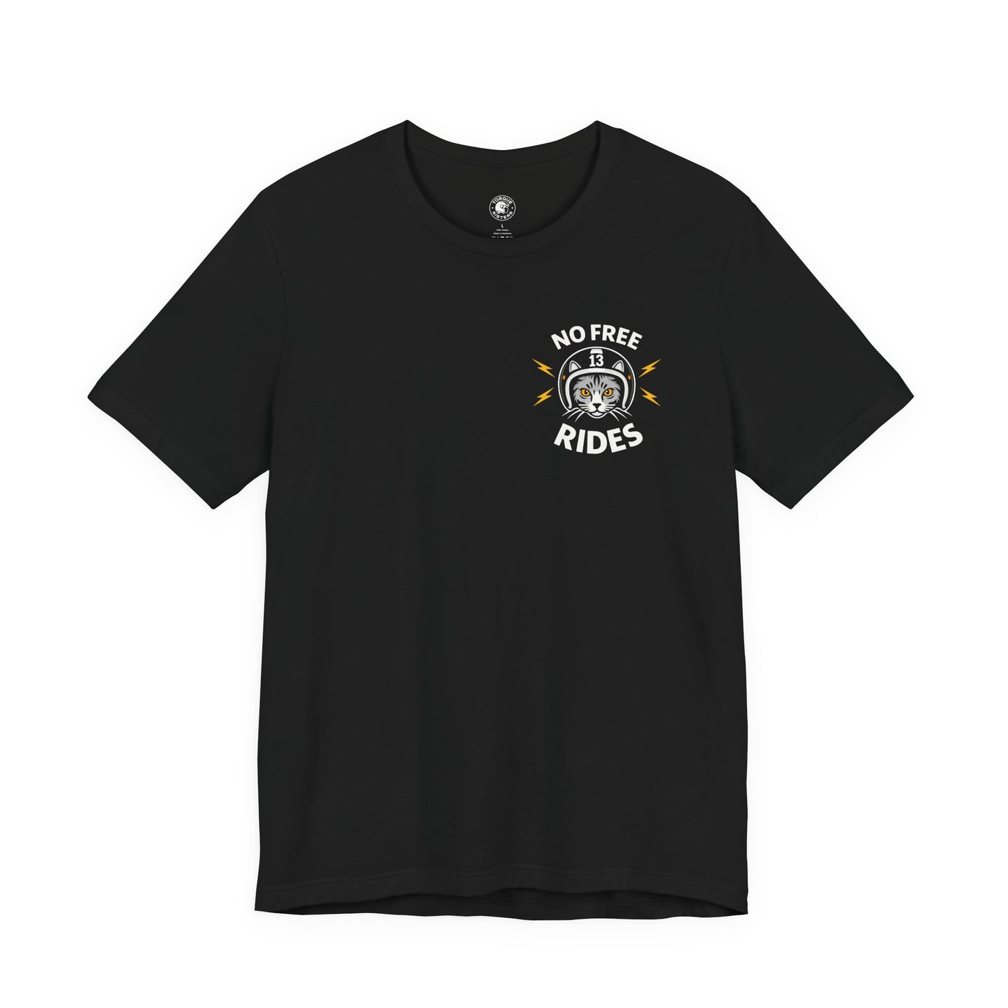 Black t-shirt with 'No Free Rides' graphic on a white background