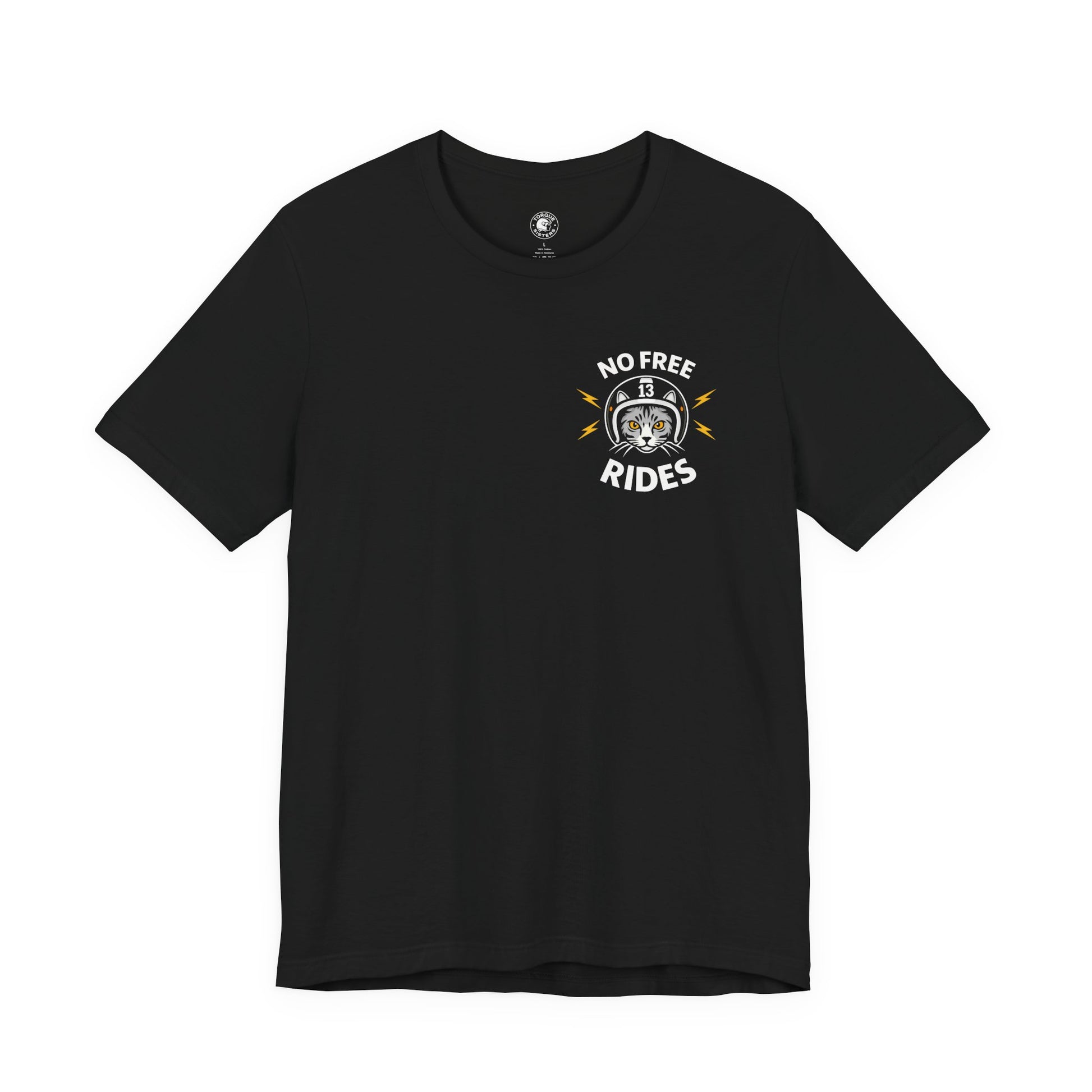 Black t-shirt with 'No Free Rides' graphic on a white background