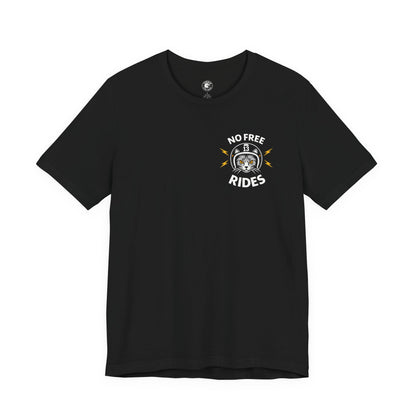 Black t-shirt with 'No Free Rides' graphic on a white background