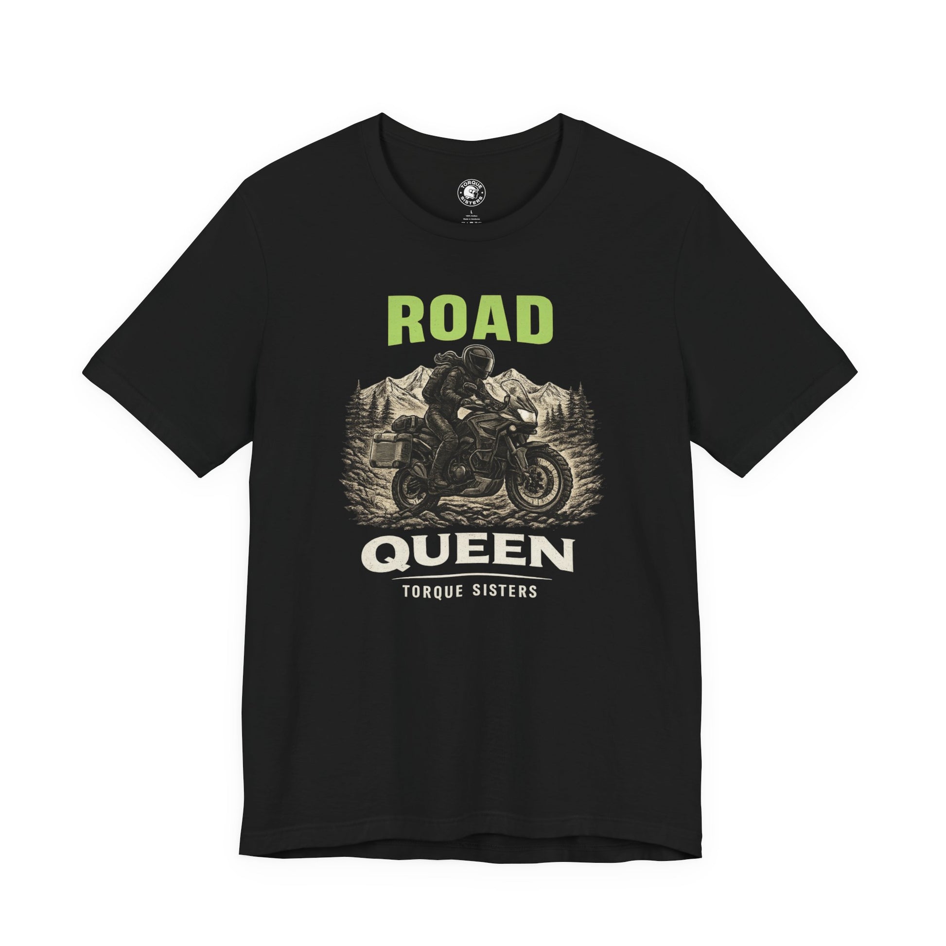 Black t-shirt with 'Road Queen' graphic and text on a white background