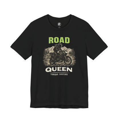 Black t-shirt with 'Road Queen' graphic and text on a white background