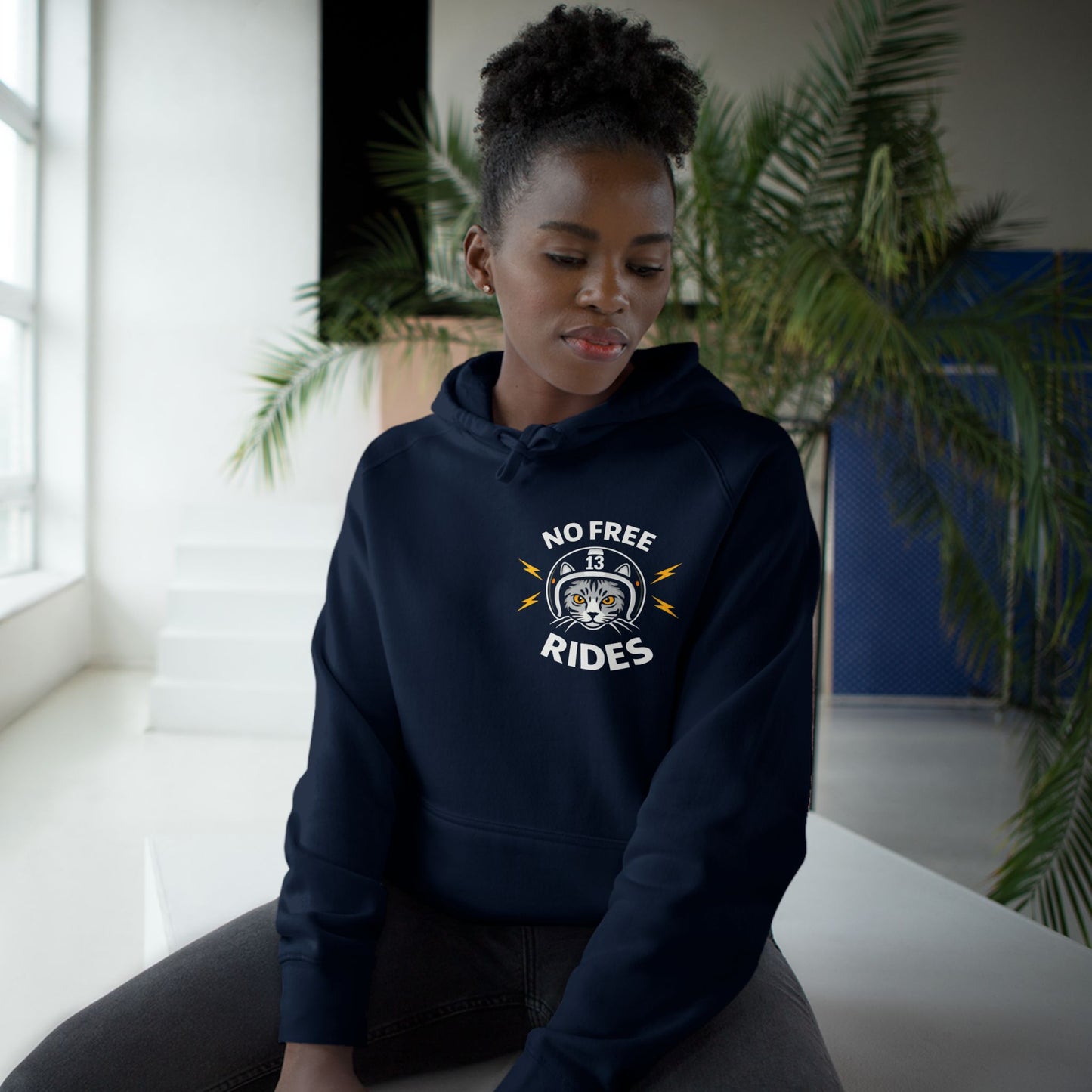 NO FREE RIDES Cat Helmet Graphic Women’s Motorcycle Hoodie | Navy