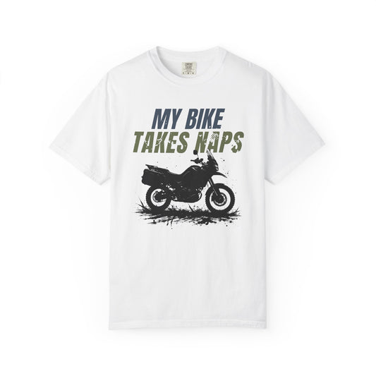 White t-shirt with a graphic of a motorcycle and text 'My bike takes naps' on a white background
