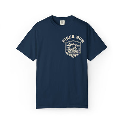 Navy blue t-shirt with 'Biker Mom' graphic on a white background
