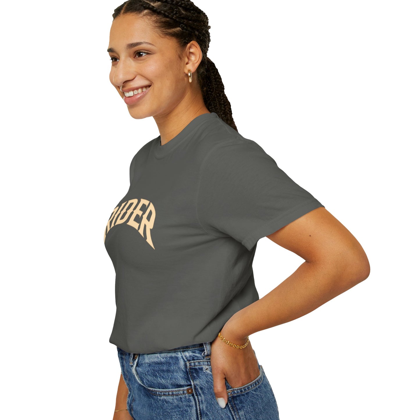 RIDER Arch Graphic Women’s Motorcycle T-Shirt   | Charcoal & Cream