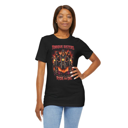 TORQUE SISTERS RIDE OR DIE Women’s Motorcycle T-Shirt | Black & Red & Yellow