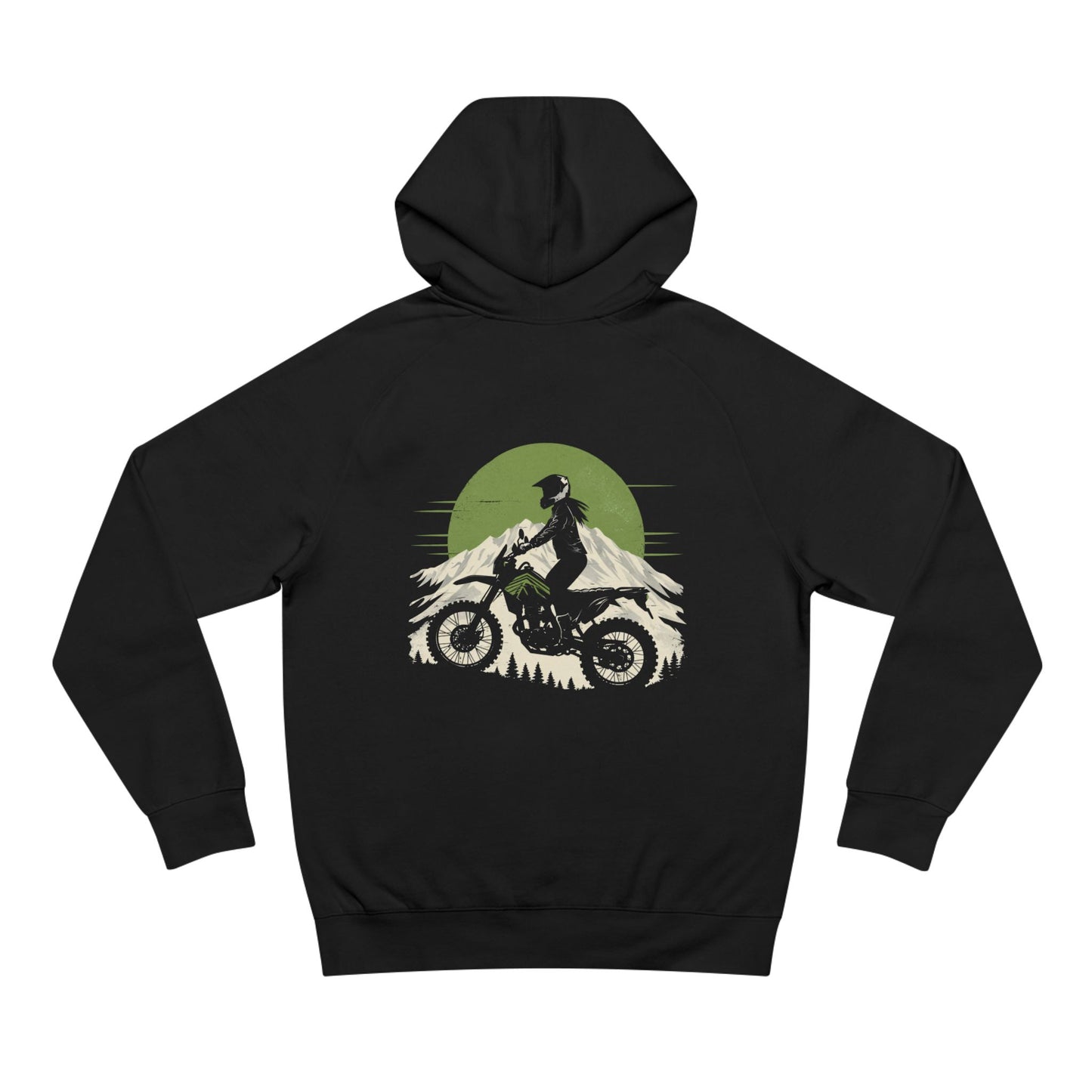 Black hoodie with a graphic of a person on a mountain bike and a green circle on the back, on a white background.