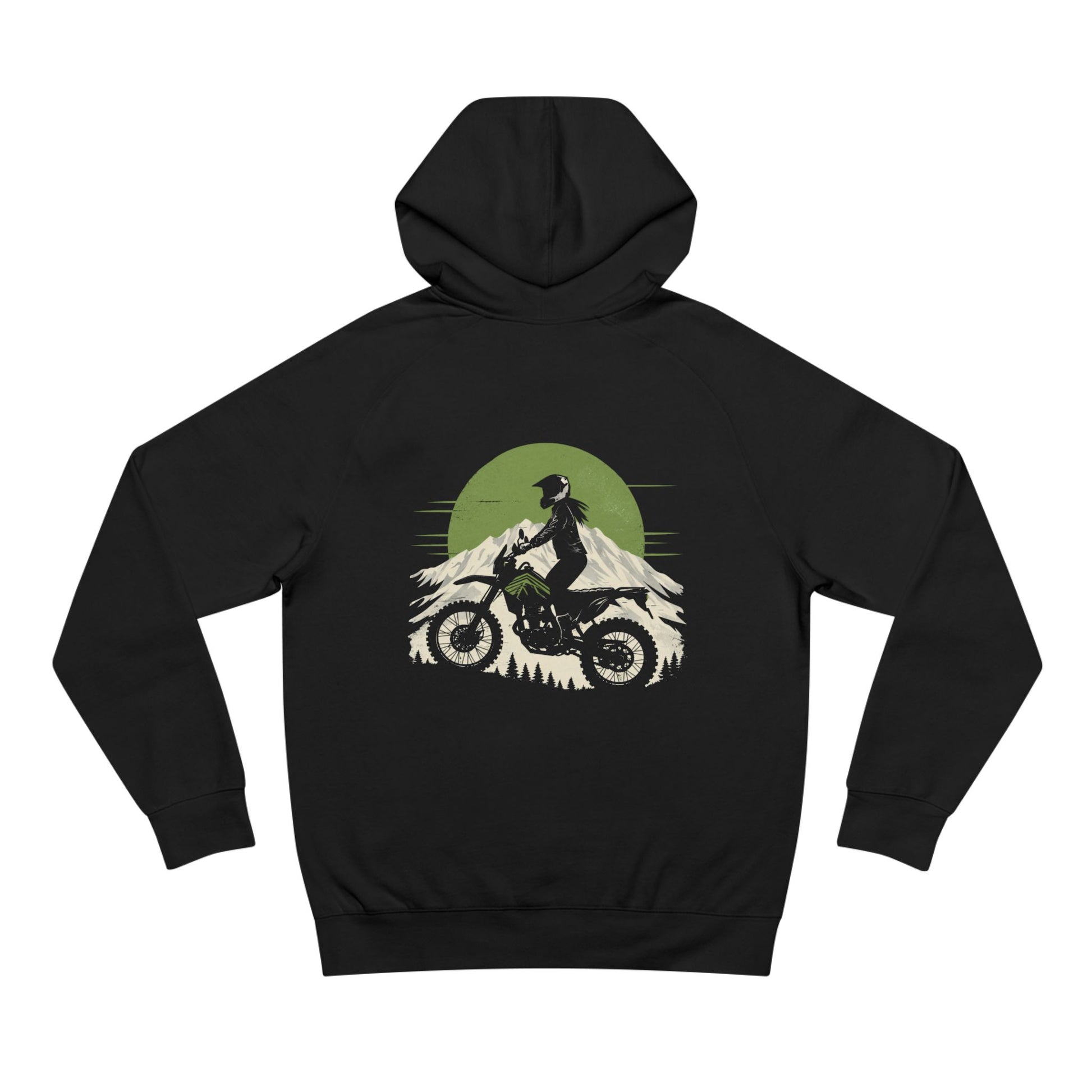 Black hoodie with a graphic of a person on a mountain bike and a green circle on the back, on a white background.