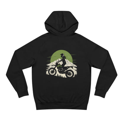 Black hoodie with a graphic of a person on a mountain bike and a green circle on the back, on a white background.