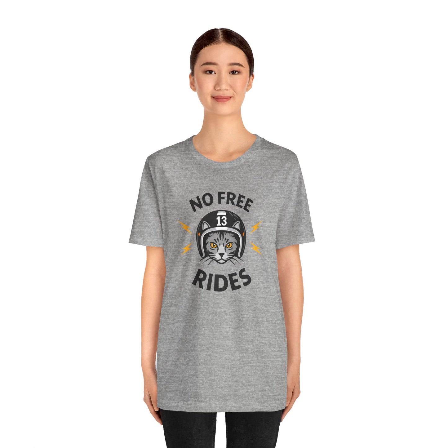 NO FREE RIDES Cat Helmet Graphic Women’s Motorcycle T-Shirt | Heather Gray