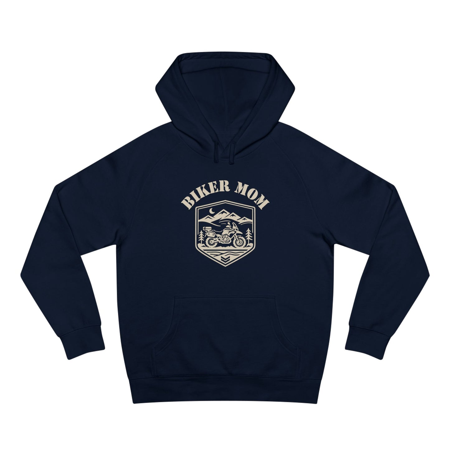 BIKER MOM Badge Graphic Women’s Motorcycle Hoodie | Navy & Cream