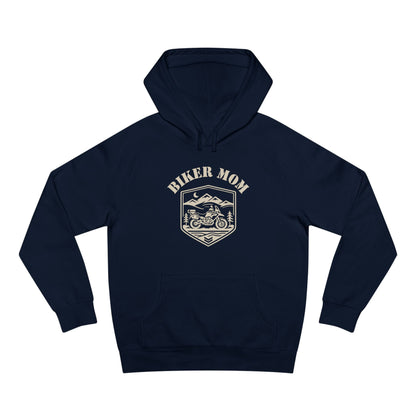 BIKER MOM Badge Graphic Women’s Motorcycle Hoodie | Navy & Cream