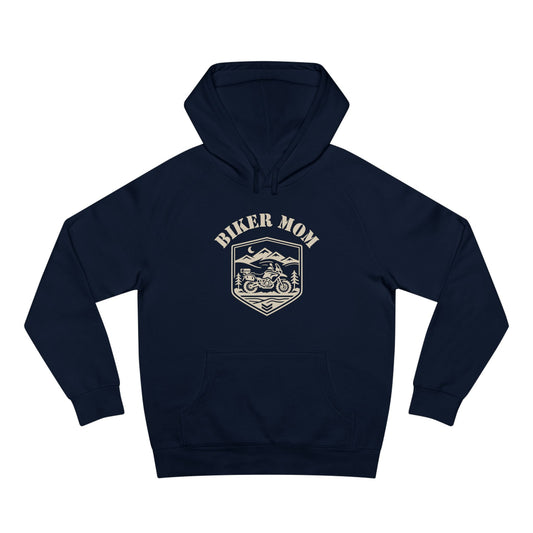 BIKER MOM Badge Graphic Women’s Motorcycle Hoodie | Navy & Cream