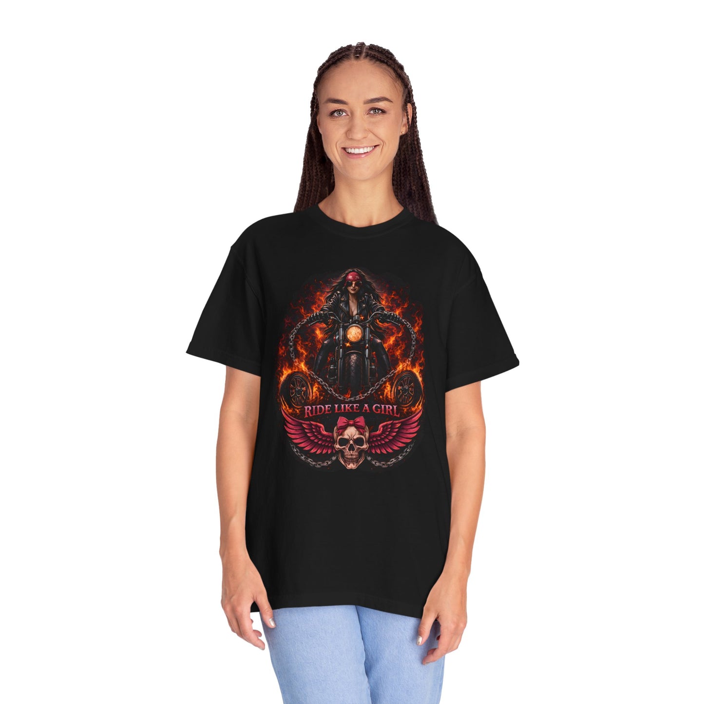RIDE LIKE A GIRL Flame Rider Graphic Women’s Motorcycle T-Shirt | Black