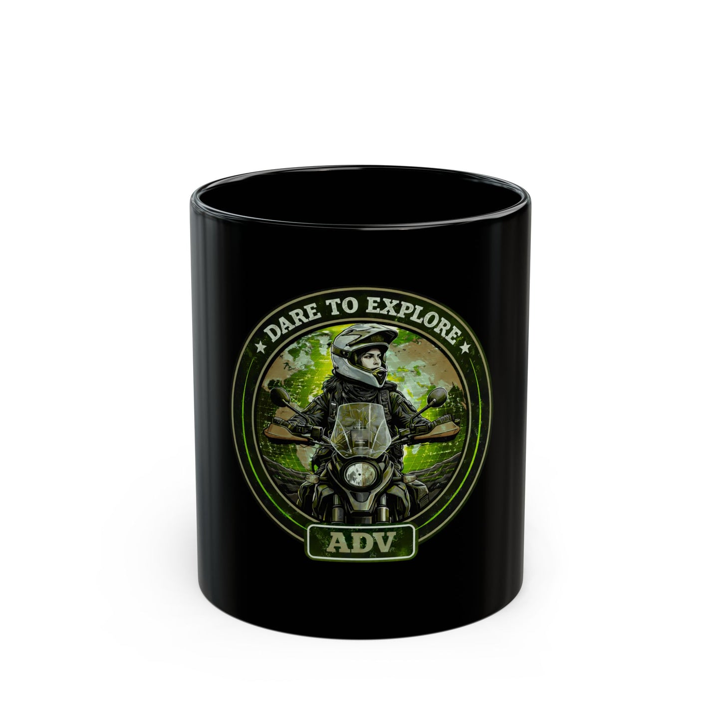 DARE TO EXPLORE ADV Women Riders Motorcycle Mug | Black & Green