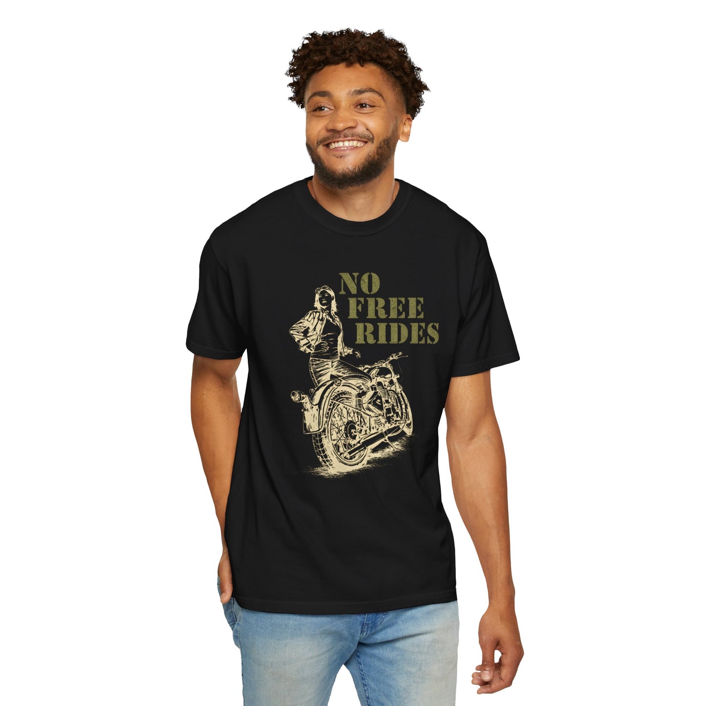 NO FREE RIDES Women’s Motorcycle T-Shirt | Black & Olive