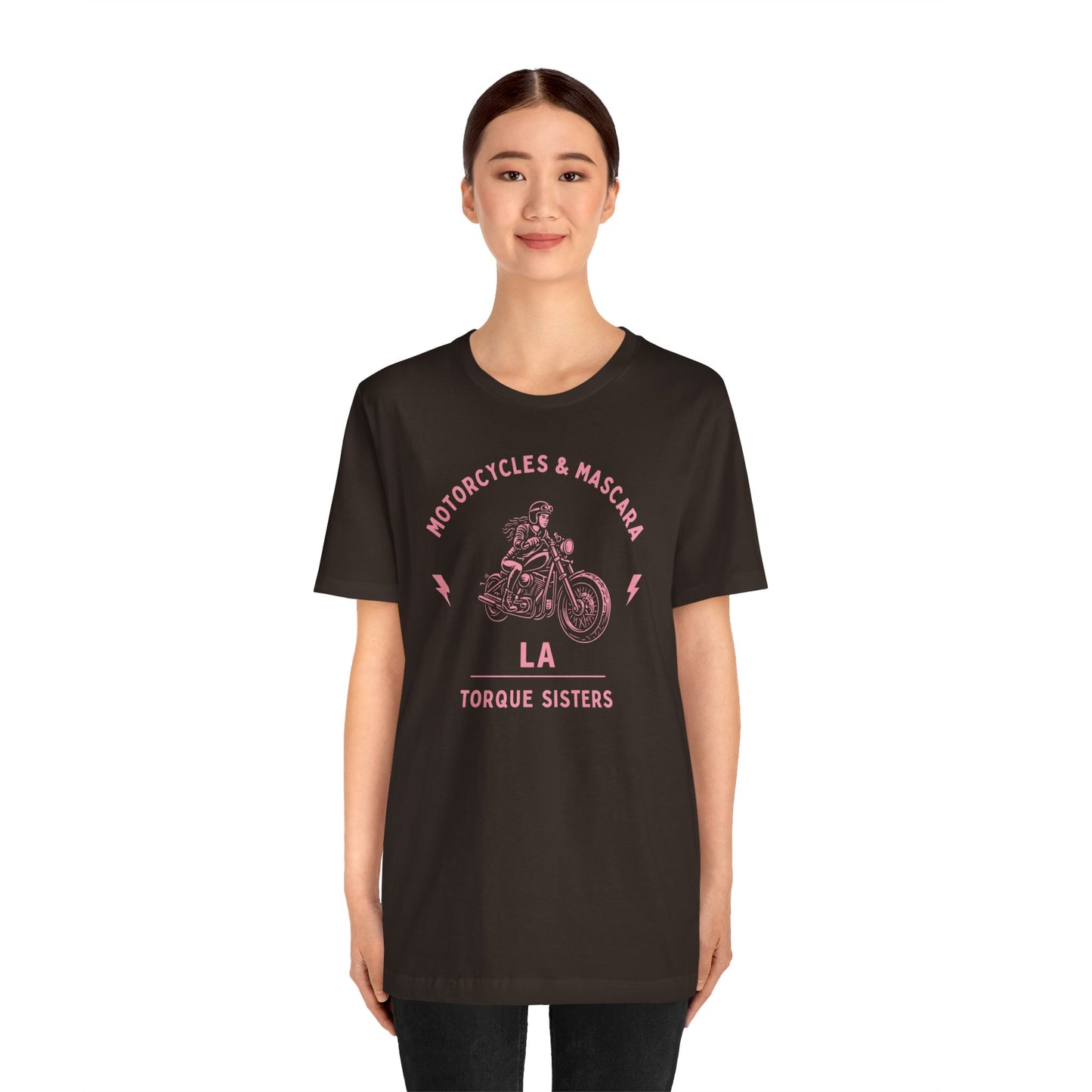 MOTORCYCLES & MASCARA LA Women’s Motorcycle T-Shirt | Dark Brown & Pink