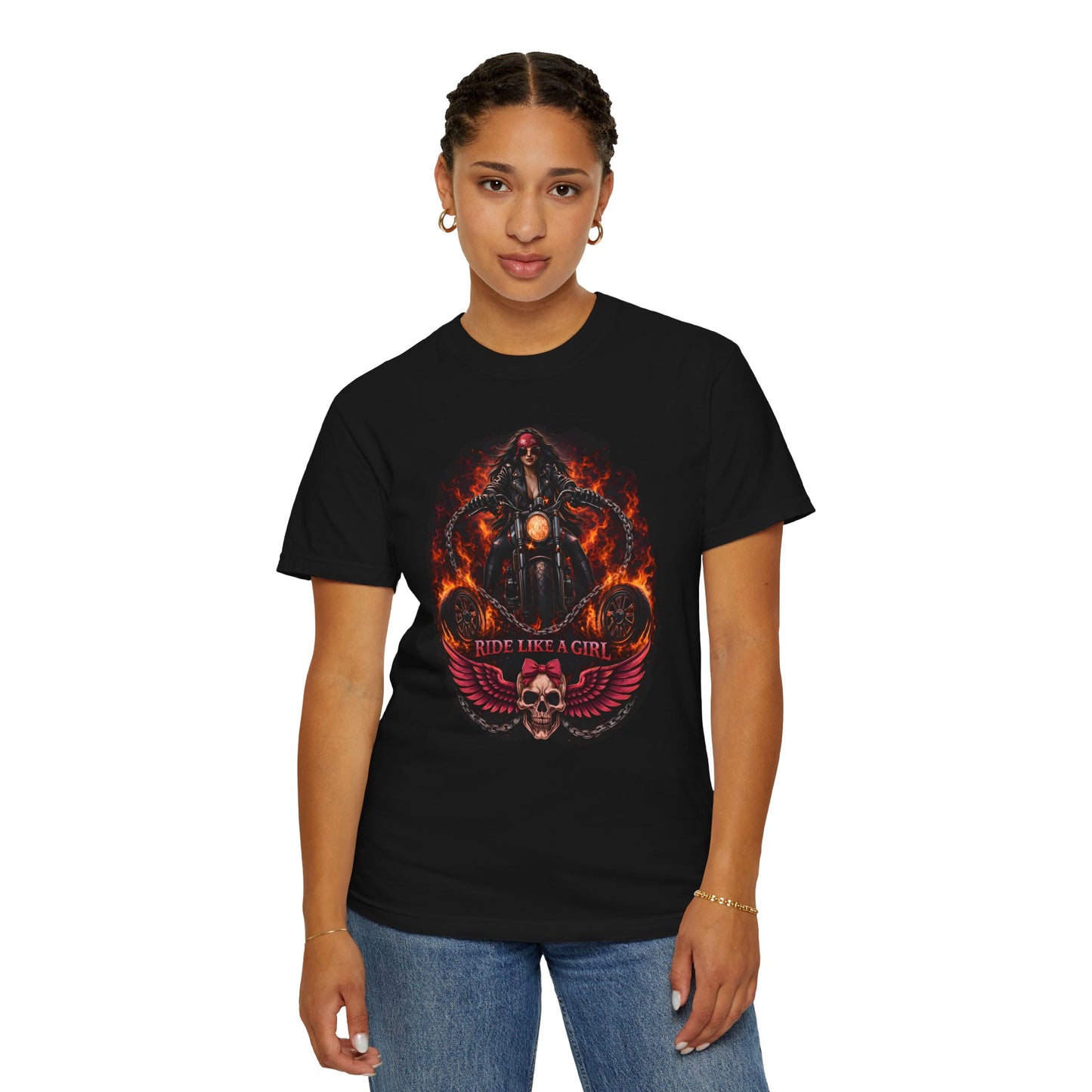 RIDE LIKE A GIRL Flame Rider Graphic Women’s Motorcycle T-Shirt | Black