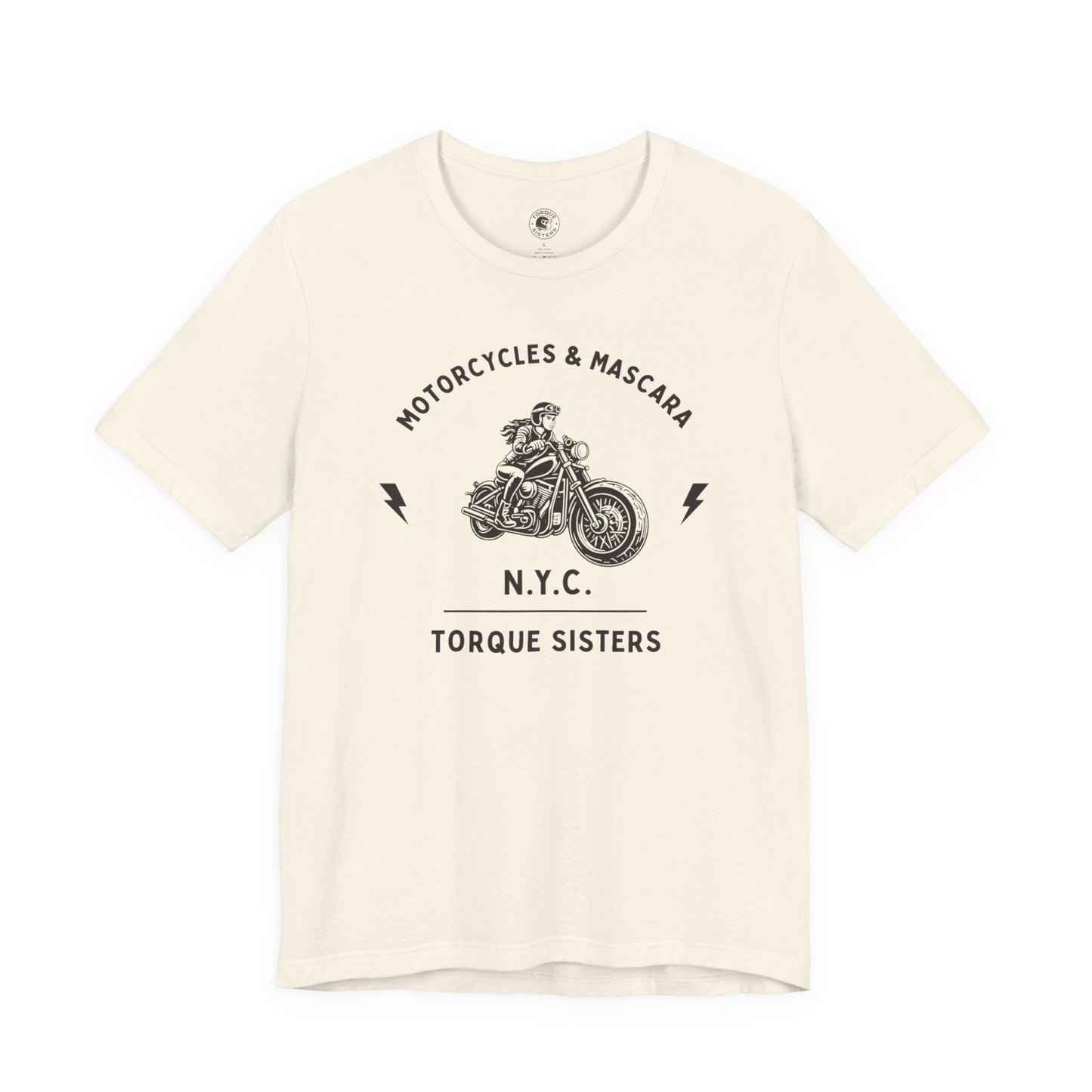 Beige t-shirt with black graphic and text on a white background