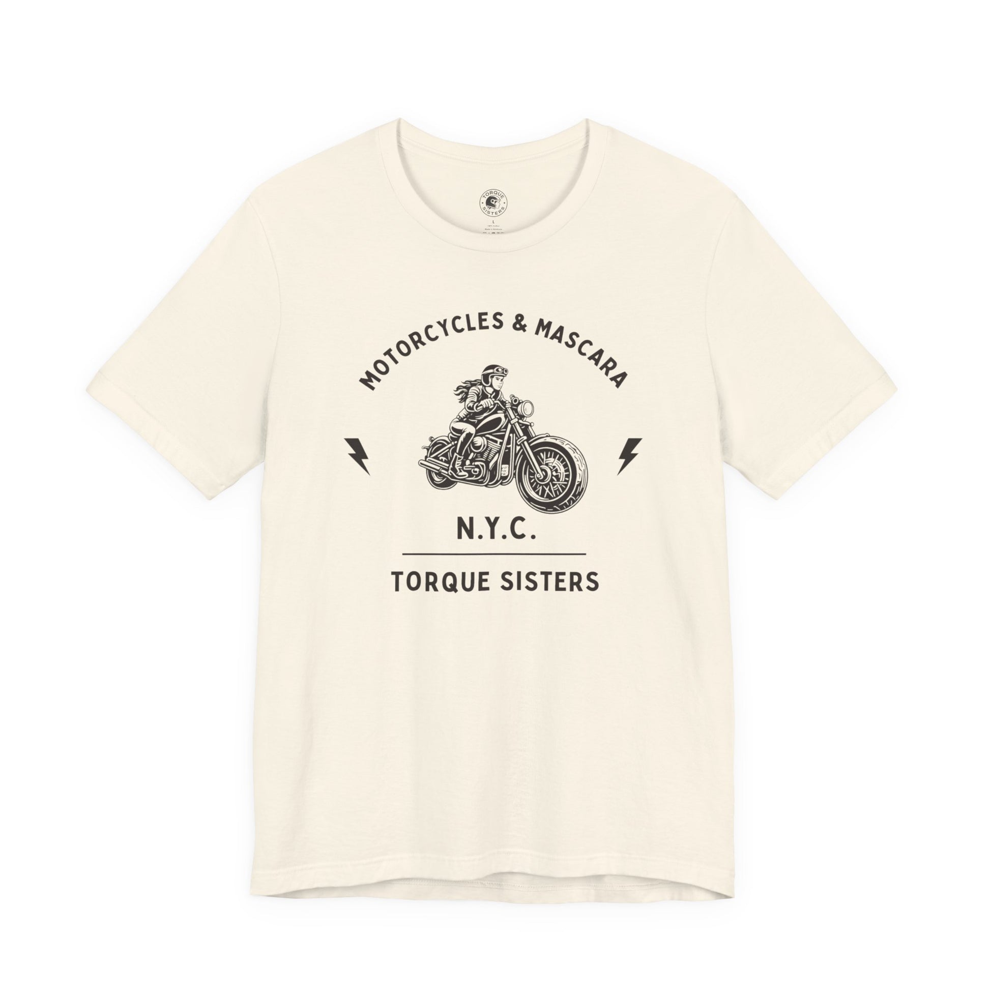 Beige t-shirt with black graphic and text on a white background