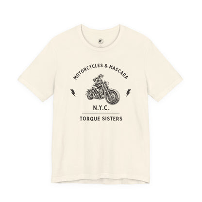 Beige t-shirt with black graphic and text on a white background