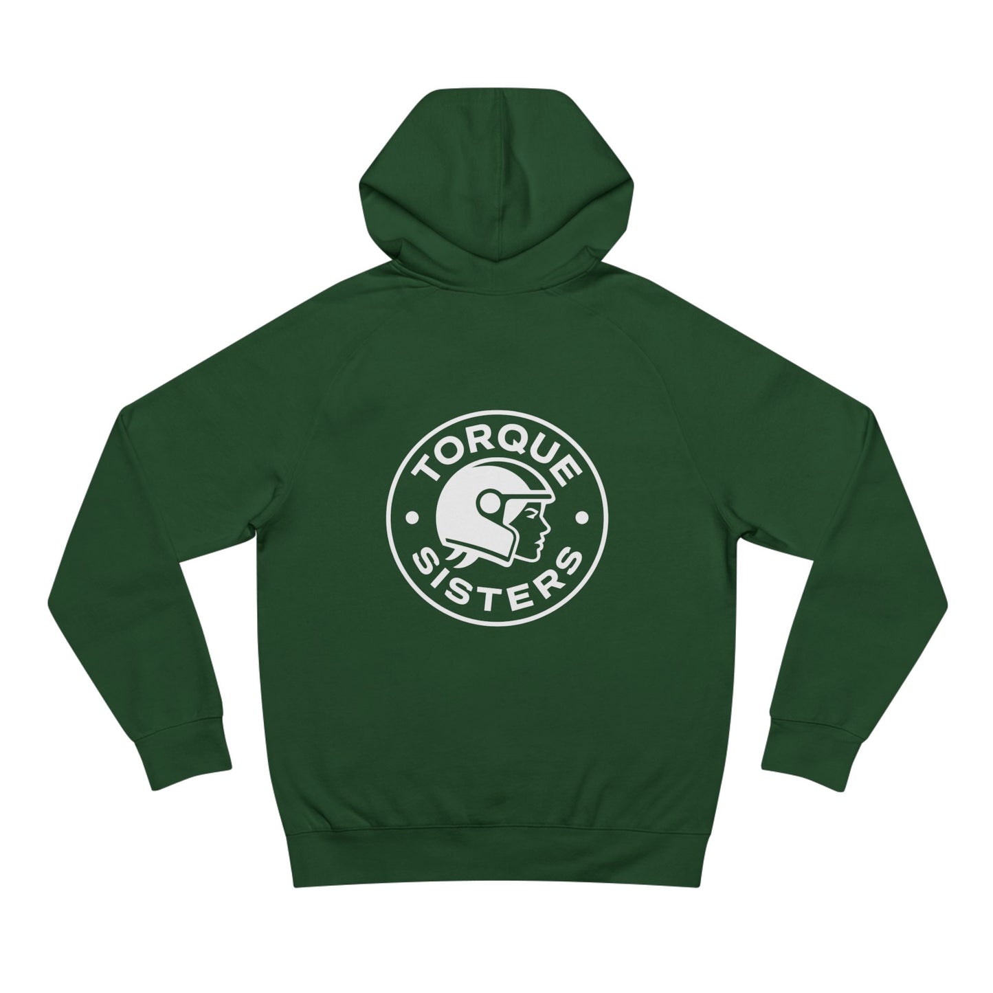 Green hoodie with 'Torque Sisters' logo on the back against a white background
