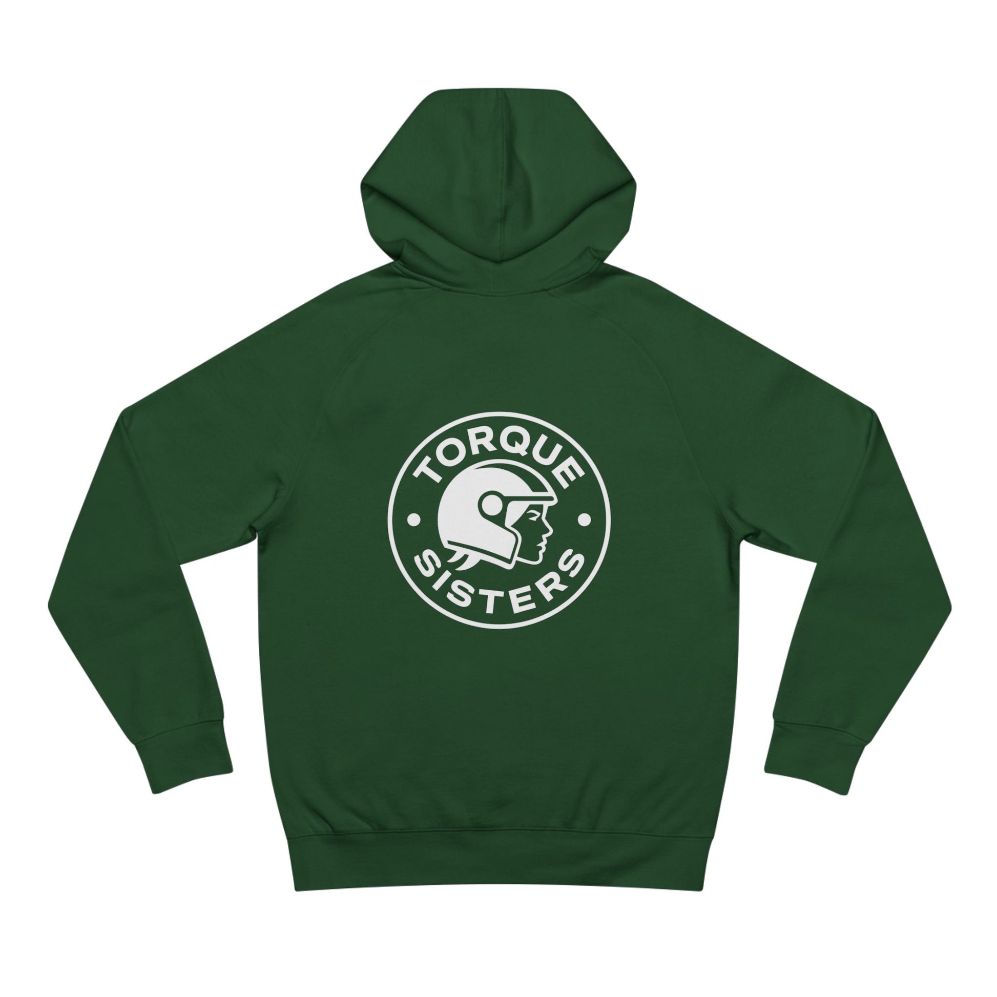 Green hoodie with 'Torque Sisters' logo on the back against a white background