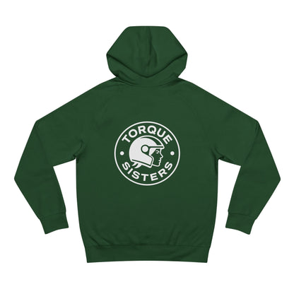 Green hoodie with 'Torque Sisters' logo on the back against a white background