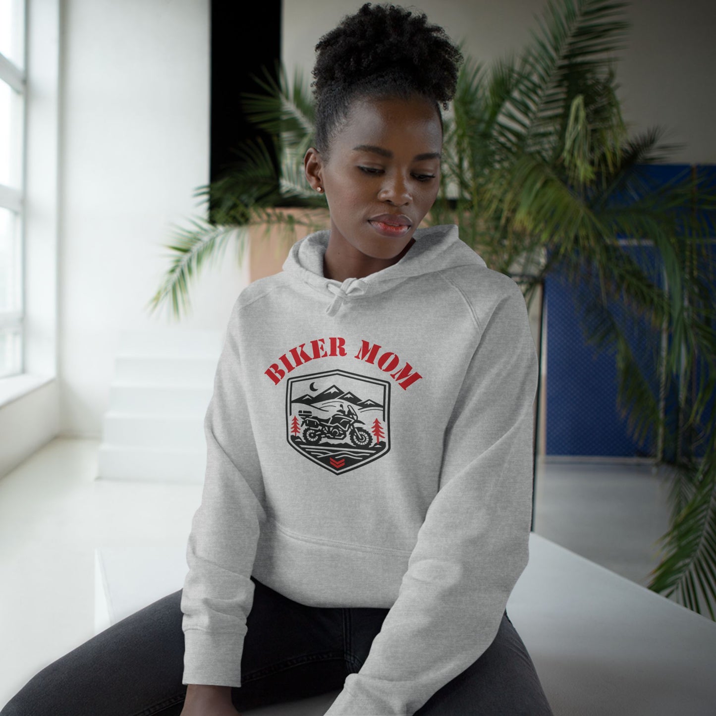 BIKER MOM Badge Graphic Women’s Motorcycle Hoodie | Heather Gray & Crimson Red