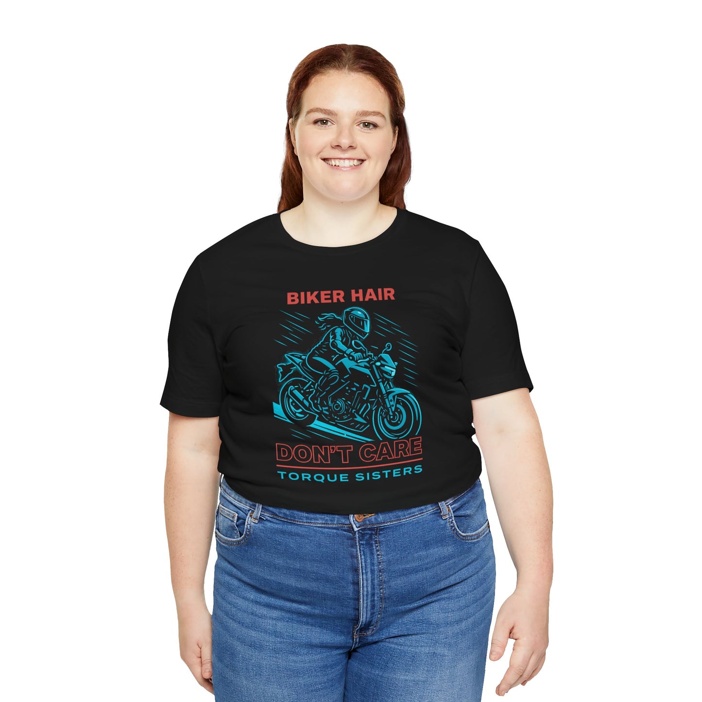 BIKER HAIR DON’T CARE Graphic Women’s Motorcycle T-Shirt | Black & Teal