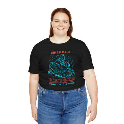 BIKER HAIR DON’T CARE Graphic Women’s Motorcycle T-Shirt | Black & Teal