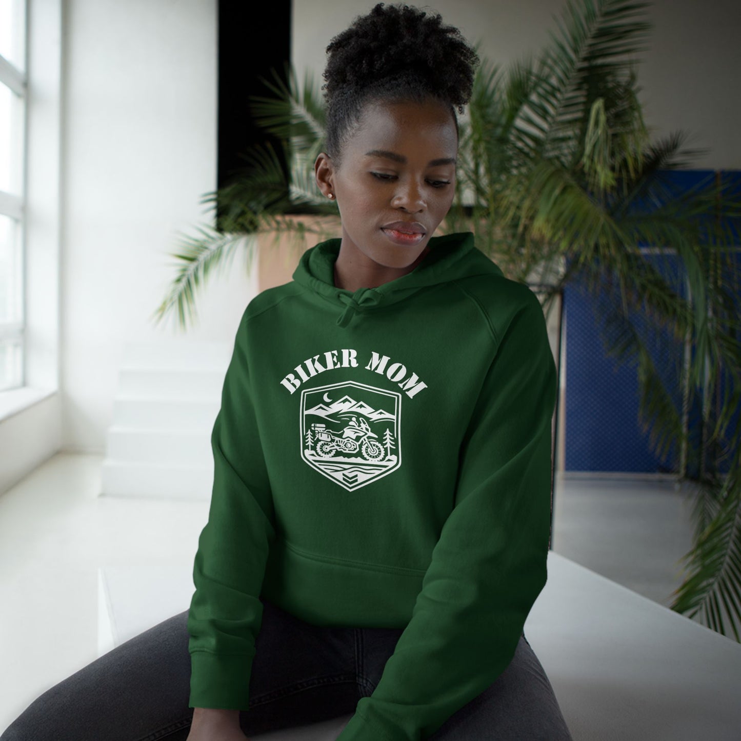 BIKER MOM Badge Graphic Women’s Motorcycle Hoodie | Forest Green