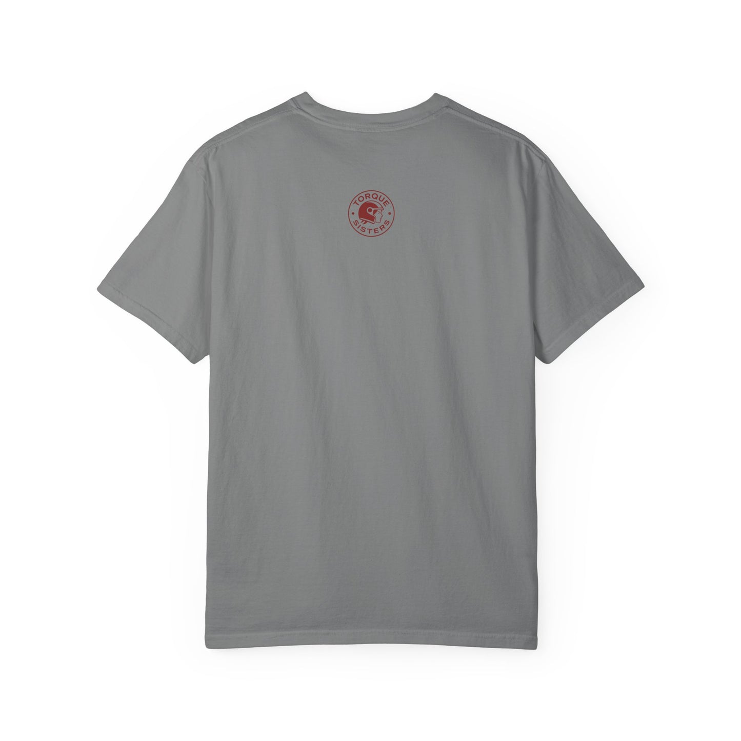 Gray t-shirt with a red logo on the back against a white background