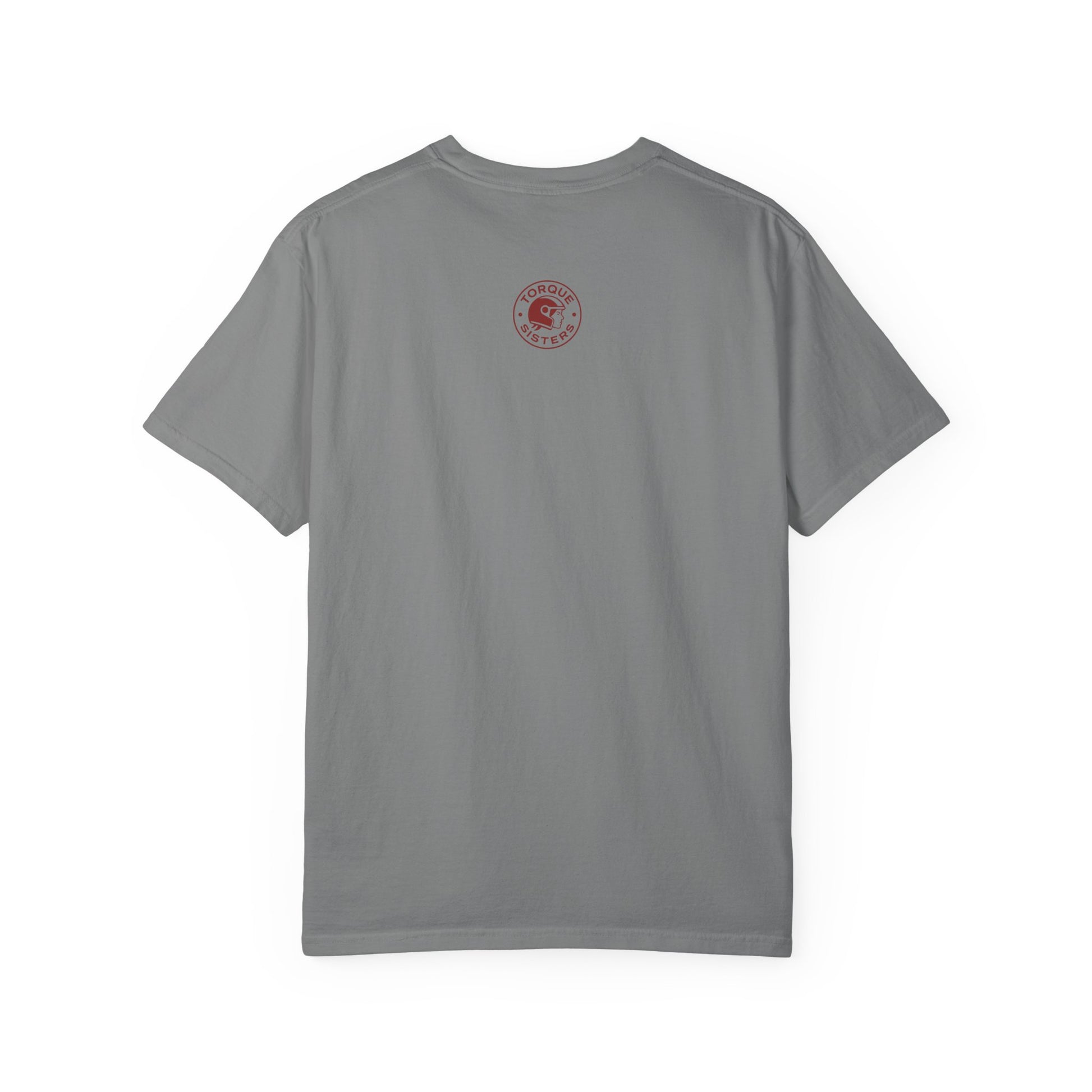 Gray t-shirt with a red logo on the back against a white background