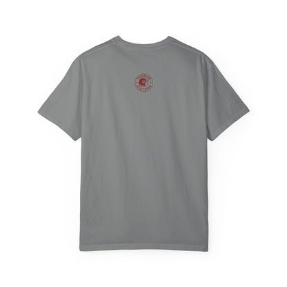 Gray t-shirt with a red logo on the back against a white background